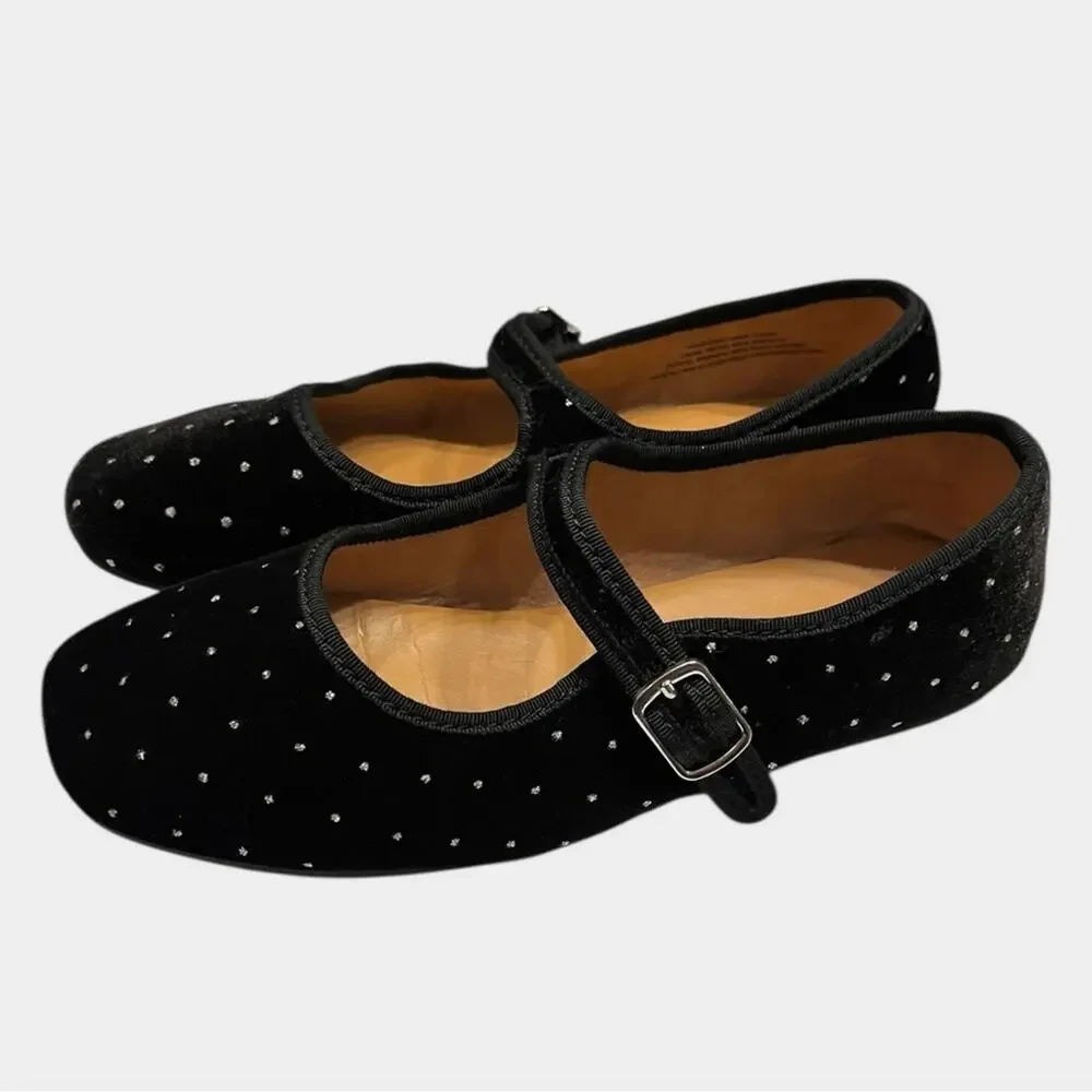 J. CREW Girls Velvet Mary Jane Flats Black Silver Dot K4